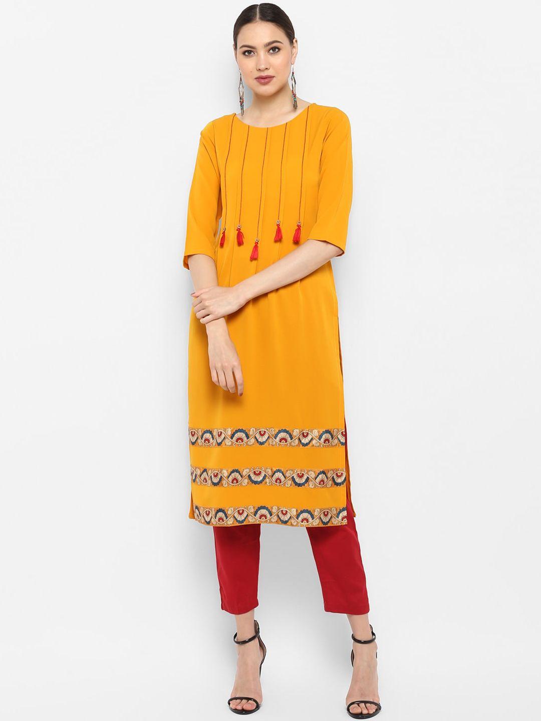 janasya women mustard poly crepe solid straight kurta