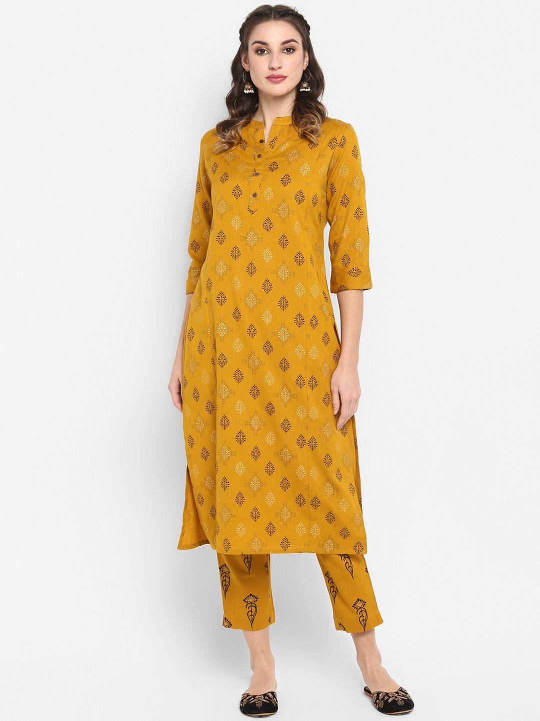 janasya women mustard yellow & black printed kurta with trousers