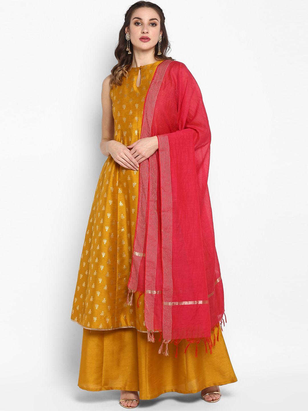 janasya women mustard yellow printed kurta with palazzos & dupatta