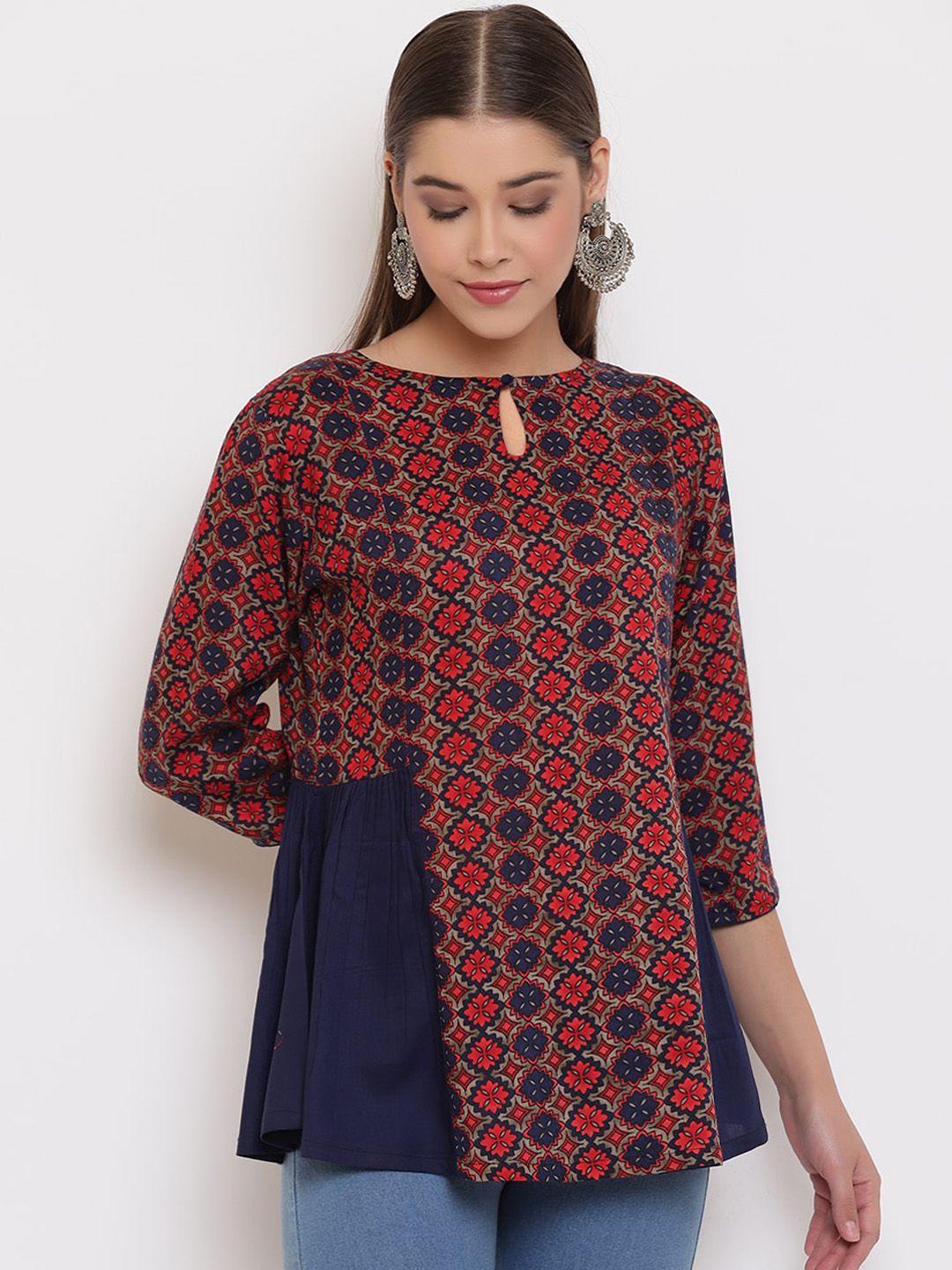 janasya women navy blue & orange printed a-line top