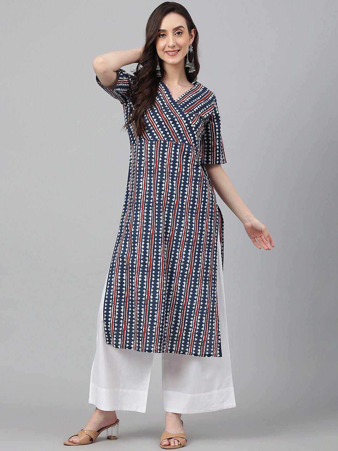 janasya women navy blue cotton geometric straight kurta