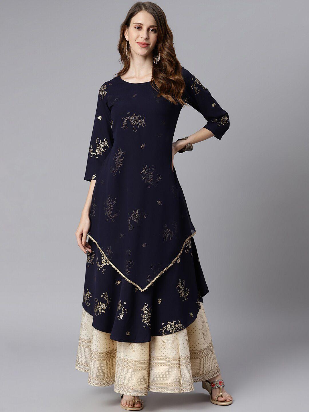 janasya women navy blue quirky embellished crepe anarkali kurta