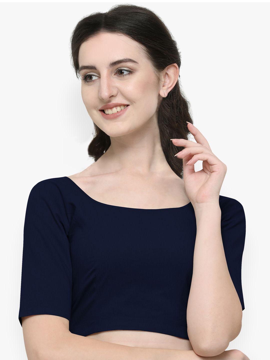 janasya women navy blue solid cotton saree blouse