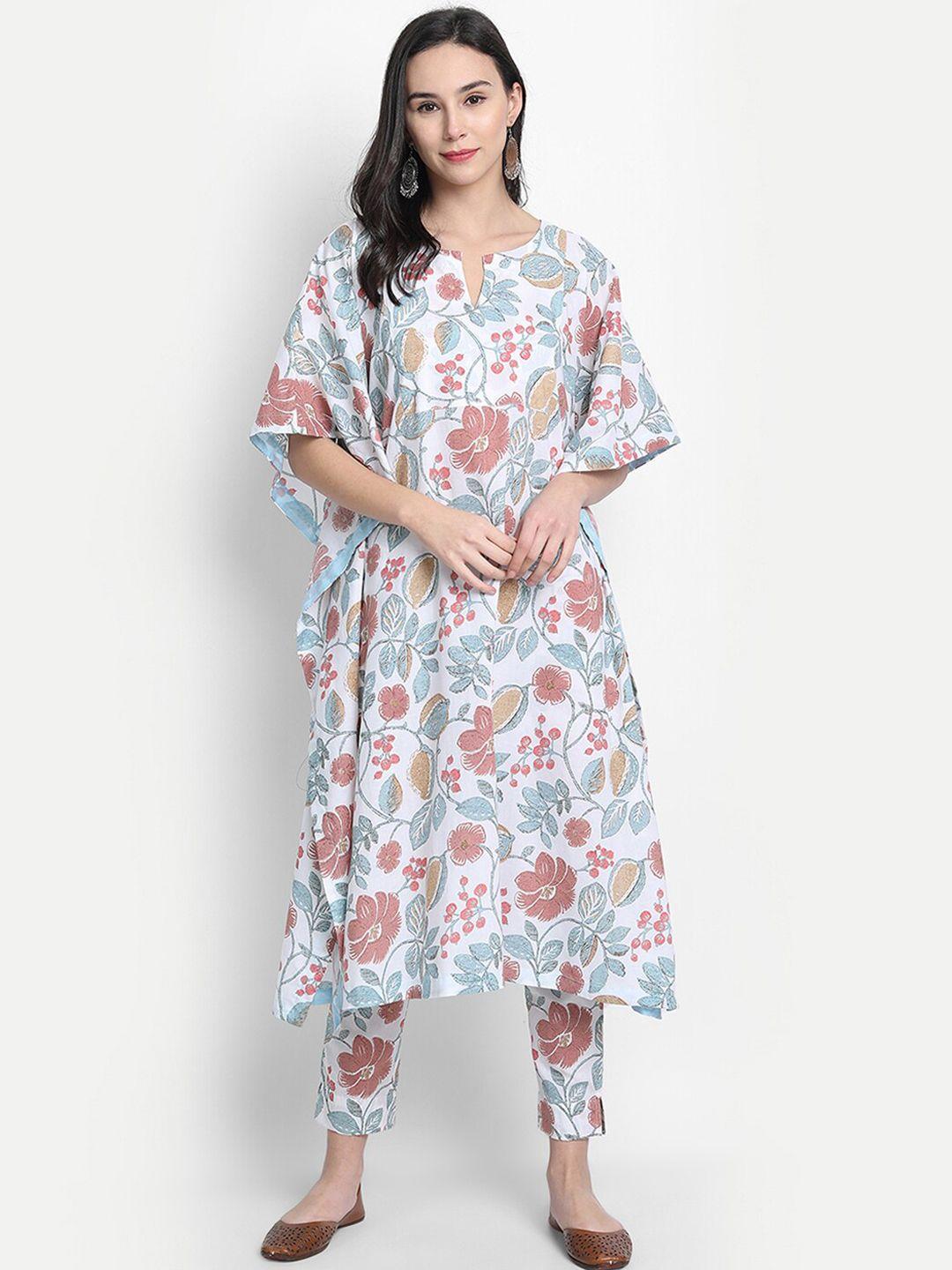 janasya women off white & red printed kaftan kurta set