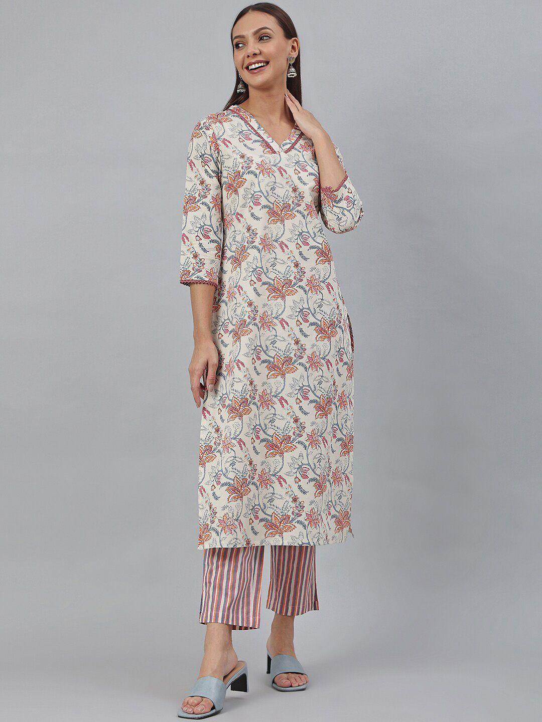 janasya women off white floral printed pure cotton kurta with trousers