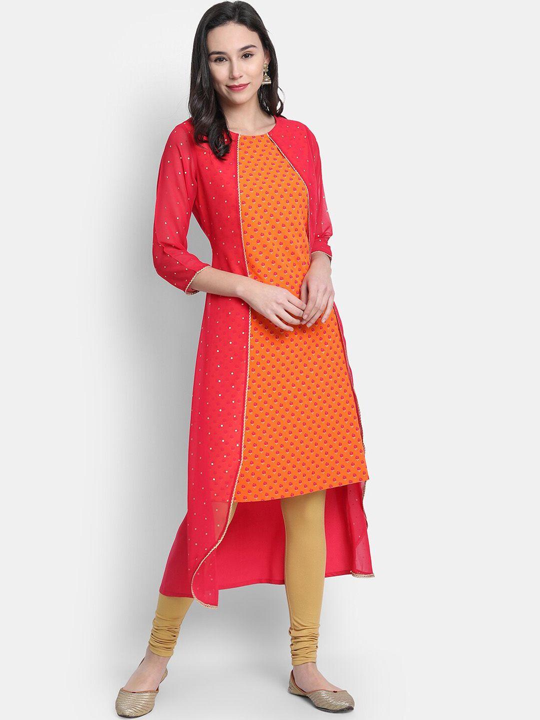 janasya women orange & coral ethnic motifs printed keyhole neck crepe kurta