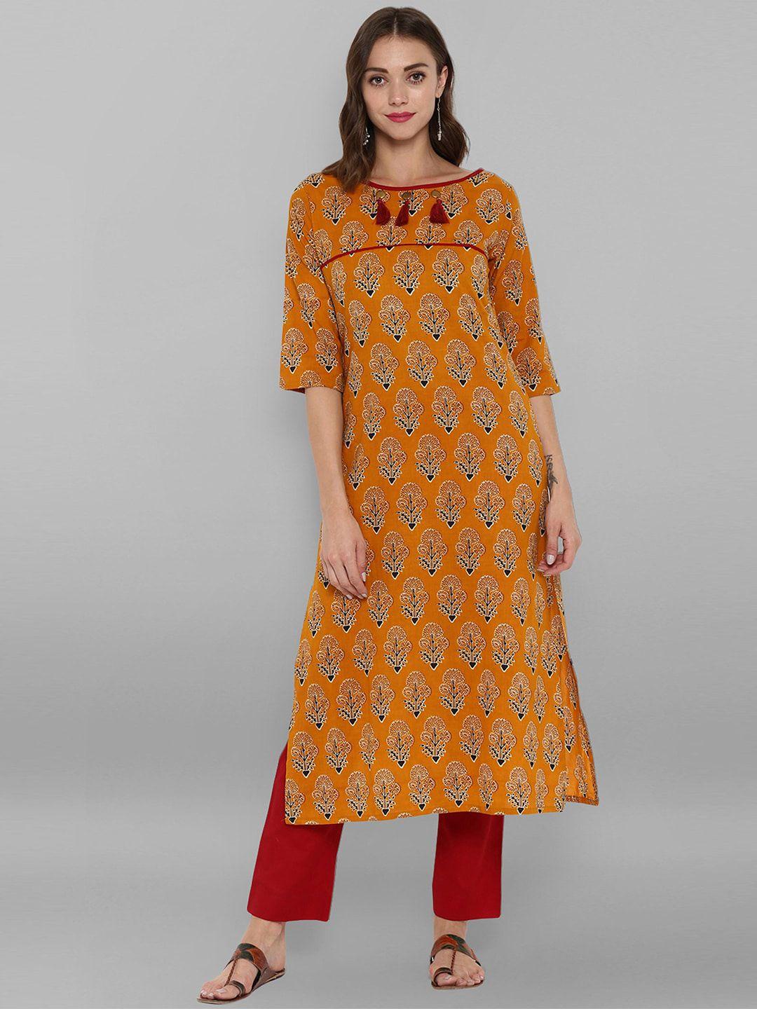 janasya women orange cotton ethnic motifs straight kurta