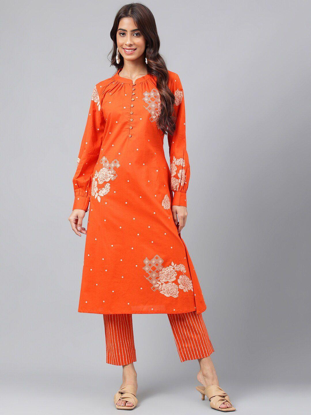 janasya women orange floral printed pure cotton kurta with trousers