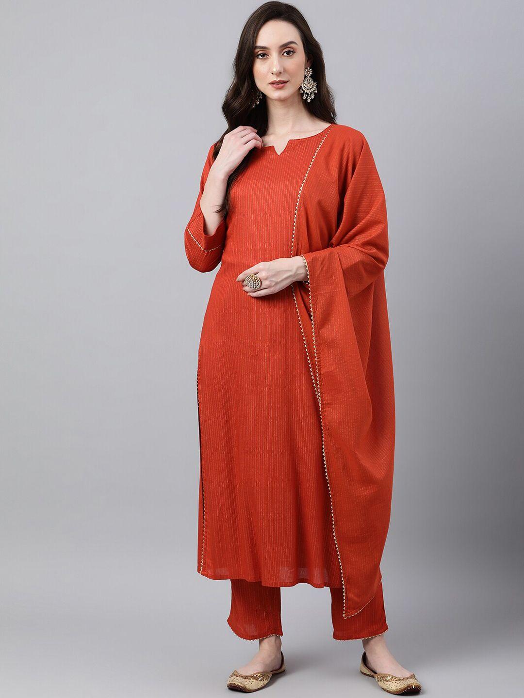 janasya women orange striped kurta with trousers & dupatta