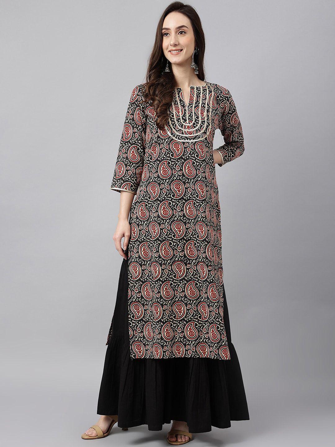 janasya women paisley printed gotta patti straight cotton kurta