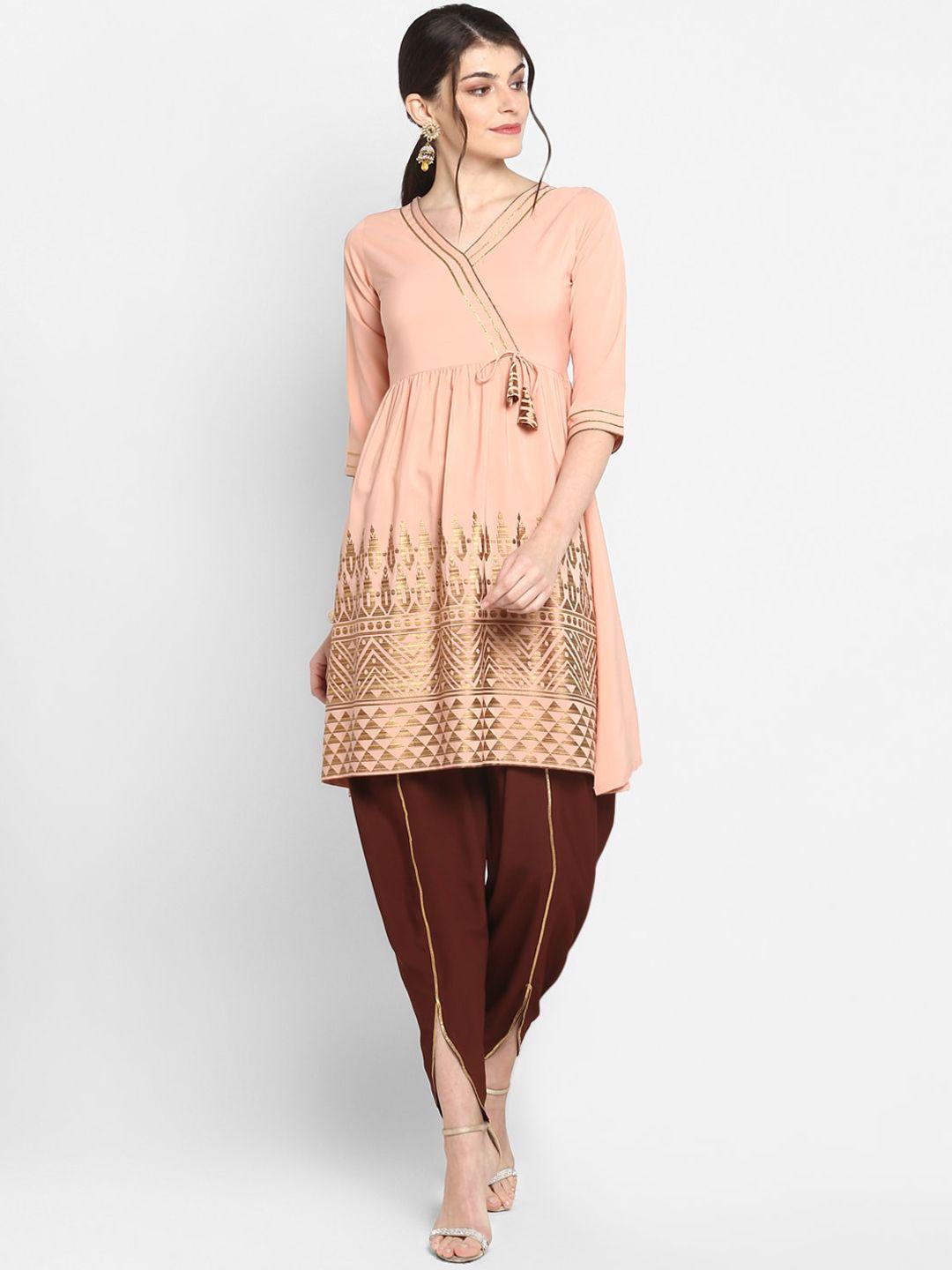 janasya women peach-coloured & maroon printed angrakha gotta patti kurta with dhoti pants