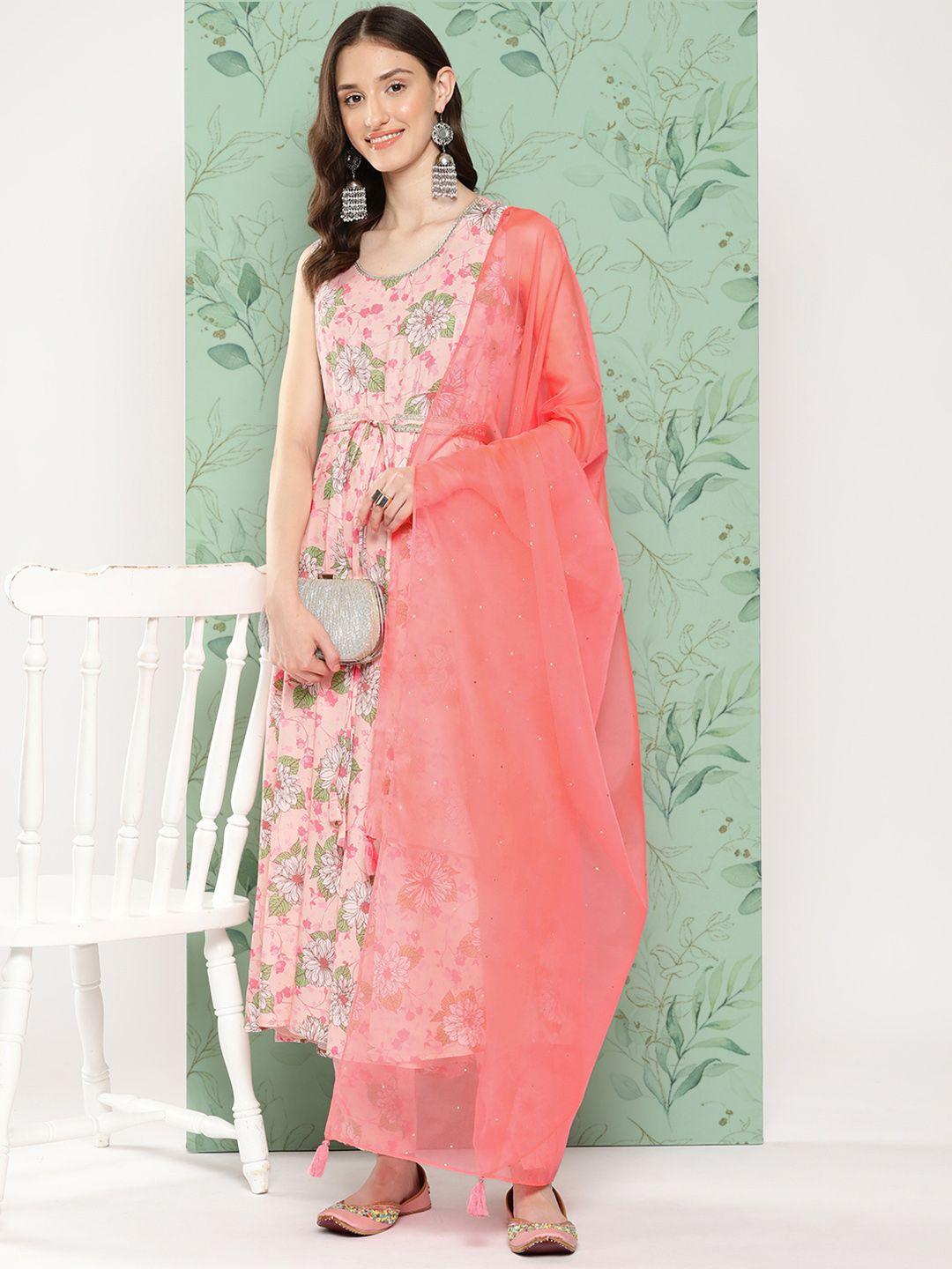 janasya women peach-coloured floral printed kurta with trousers & with dupatta