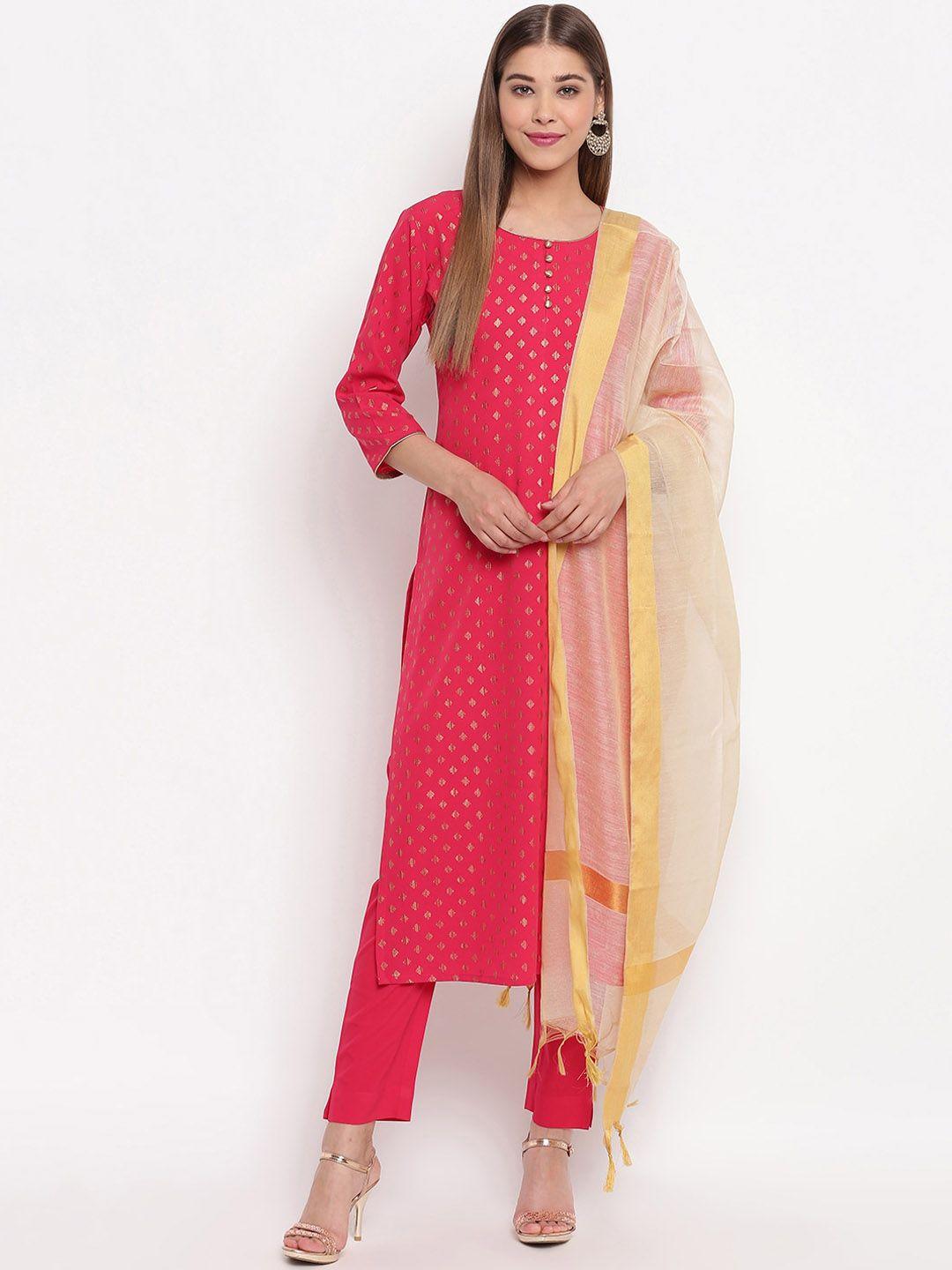 janasya women pink & gold-toned printed kurta with trousers & dupatta