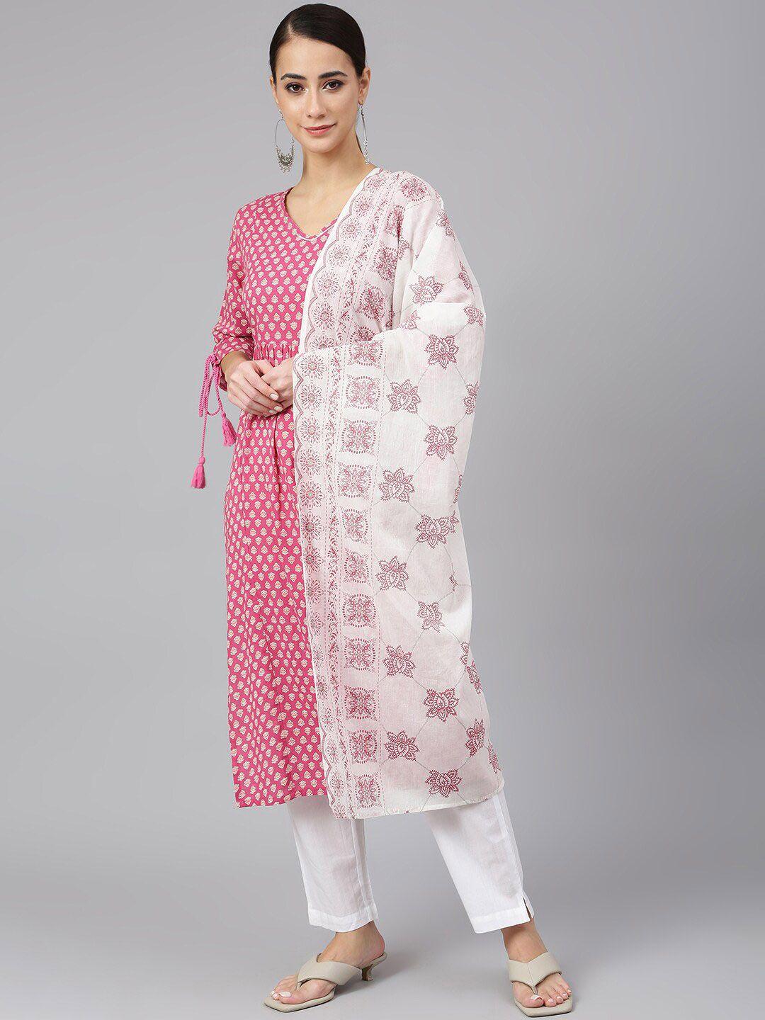 janasya women pink ethnic motifs printed empire pure cotton kurta with trousers & with dupatta