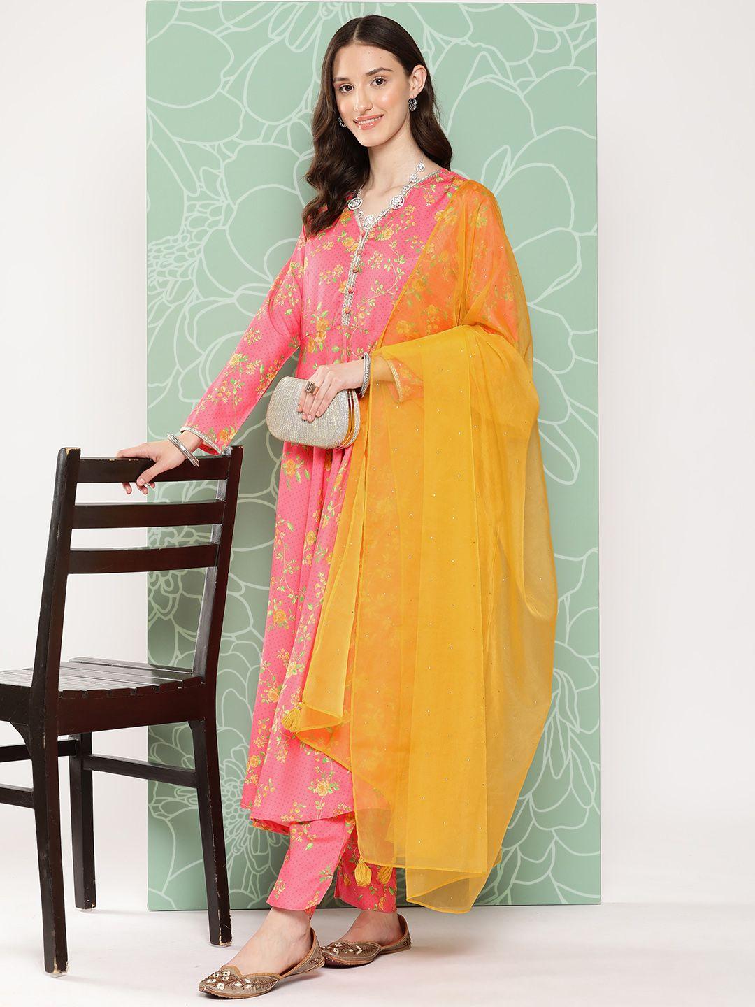 janasya women pink floral printed panelled kurta with trousers & with dupatta