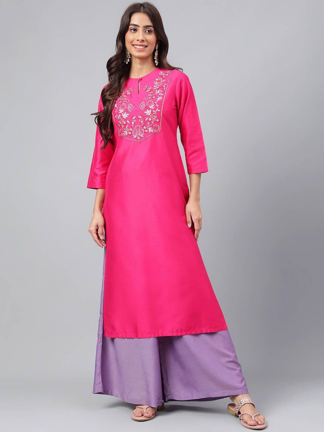 janasya women pink keyhole neck thread work kurta