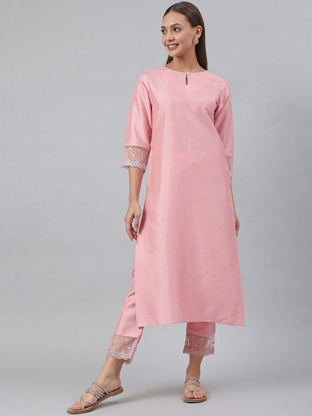 janasya women pink poly silk solid kurta with pants