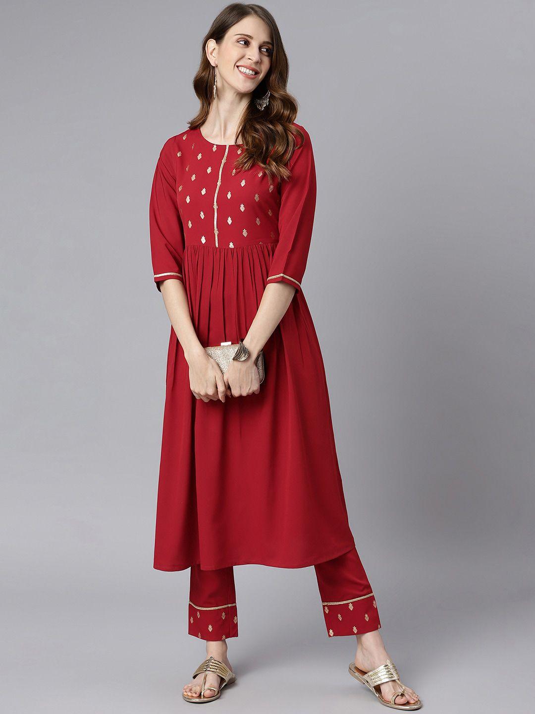 janasya women red & golden ethnic motifs yoke design pleated kurta with trousers