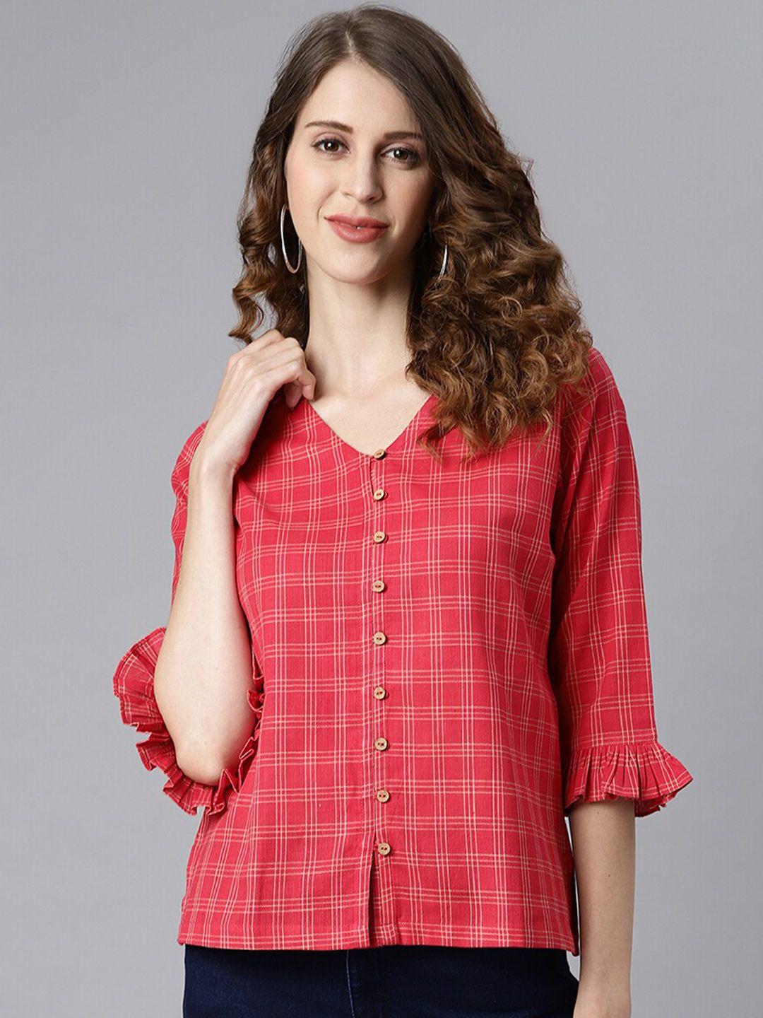 janasya women red checked shirt style top