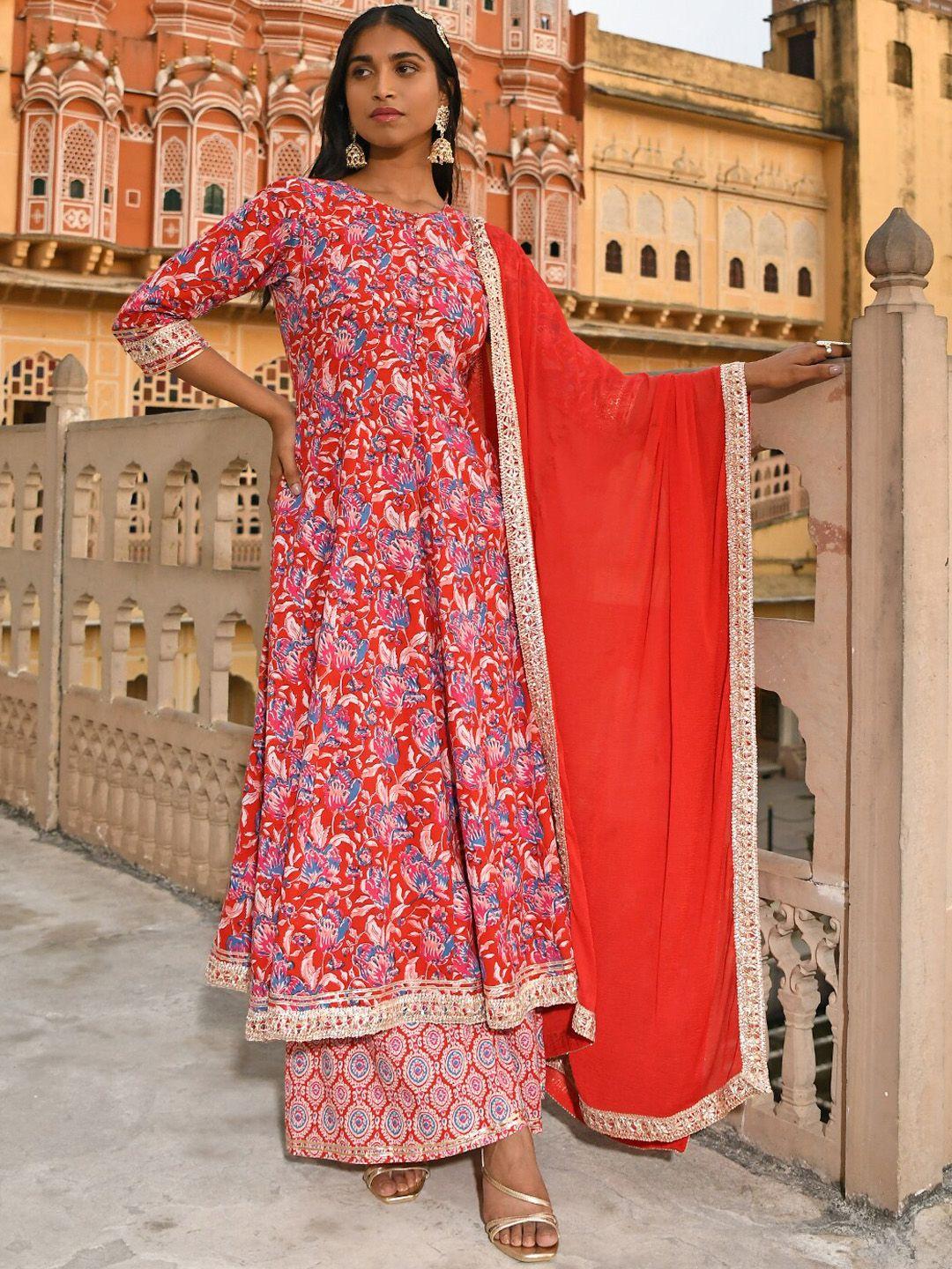 janasya women red cotton floral block print kurta with flared palazzo and dupatta