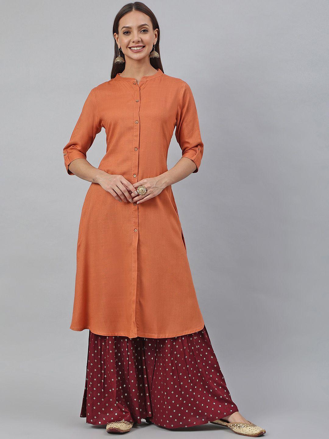 janasya women rust rayon slub solid shirt style kurta