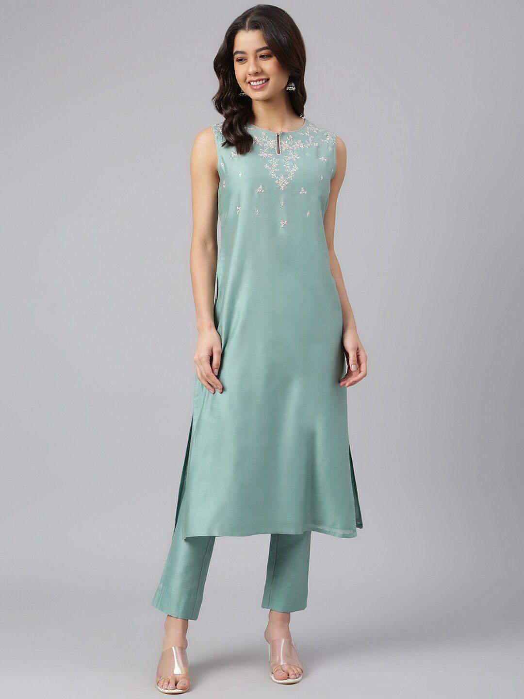 janasya women sea green chanderi silk solid kurta with trousers