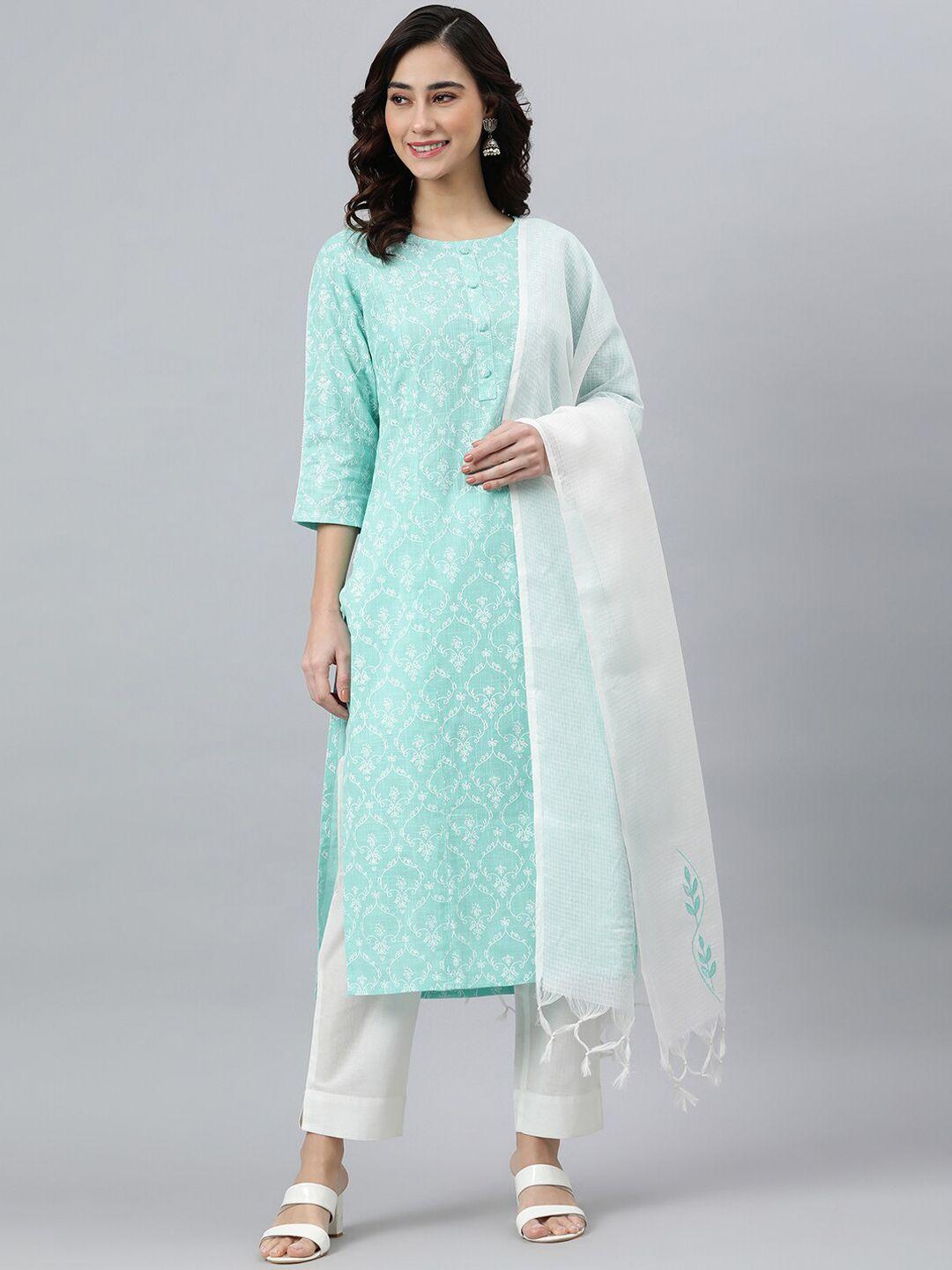 janasya women sea green cotton floral print kurta with pant and dupatta