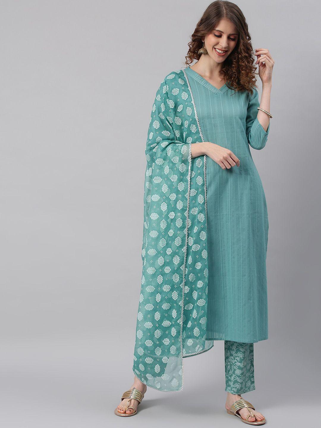 janasya women sea green ethnic self-striped cotton kurta with trousers & with dupatta