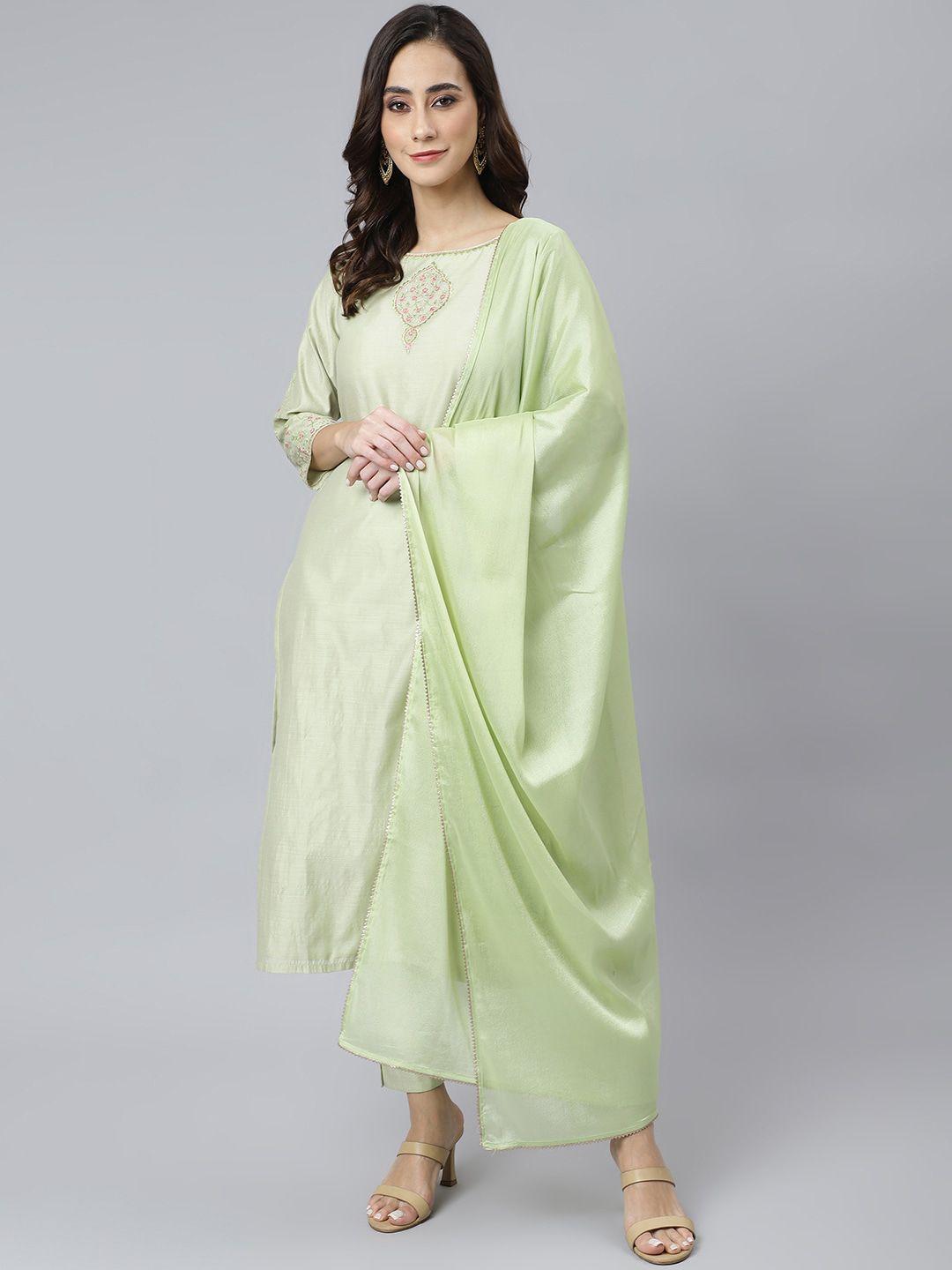 janasya women sea green poly silk solid kurta with trousers & dupatta