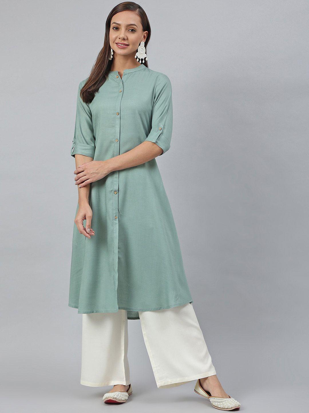 janasya women sea green rayon slub solid shirt style kurta