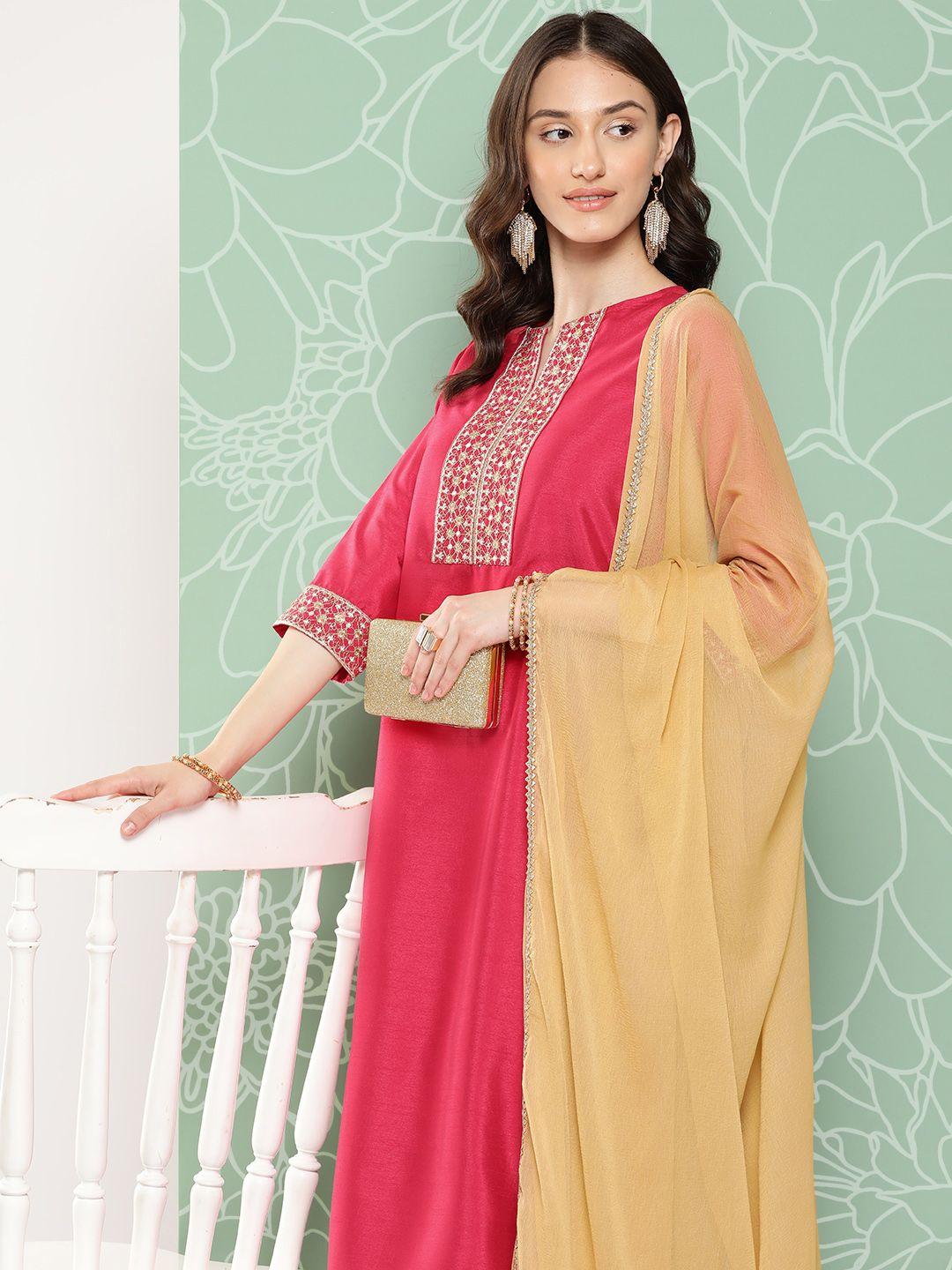 janasya women silk crepe kurta with trousers & with dupatta