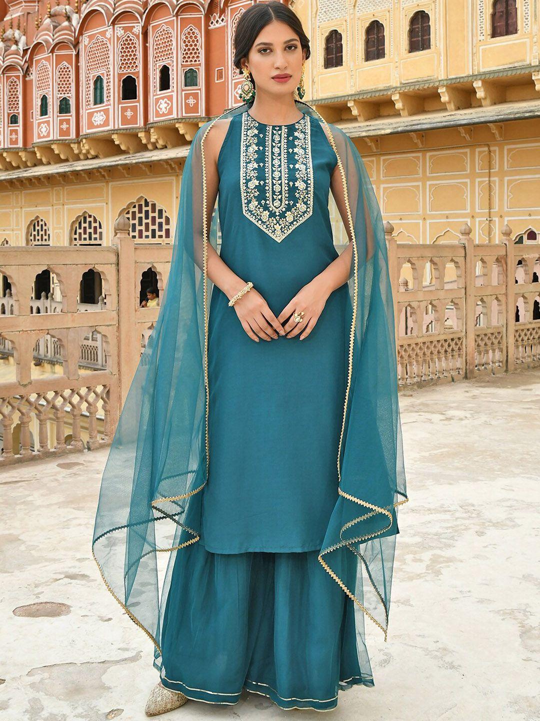 janasya women teal floral embroidered kurta with sharara & dupatta