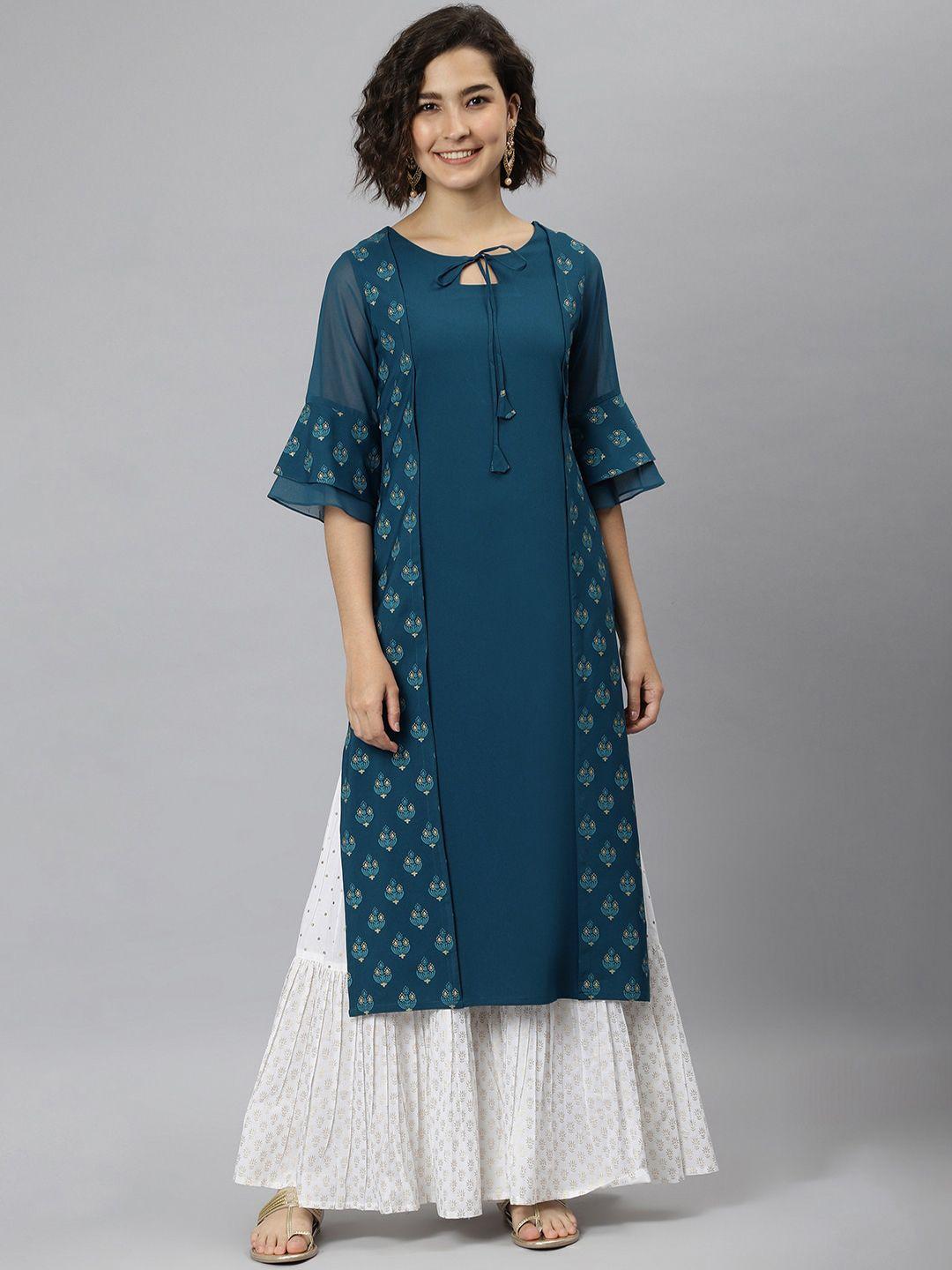 janasya women teal printed keyhole neck flared sleeves thread work crepe kurta