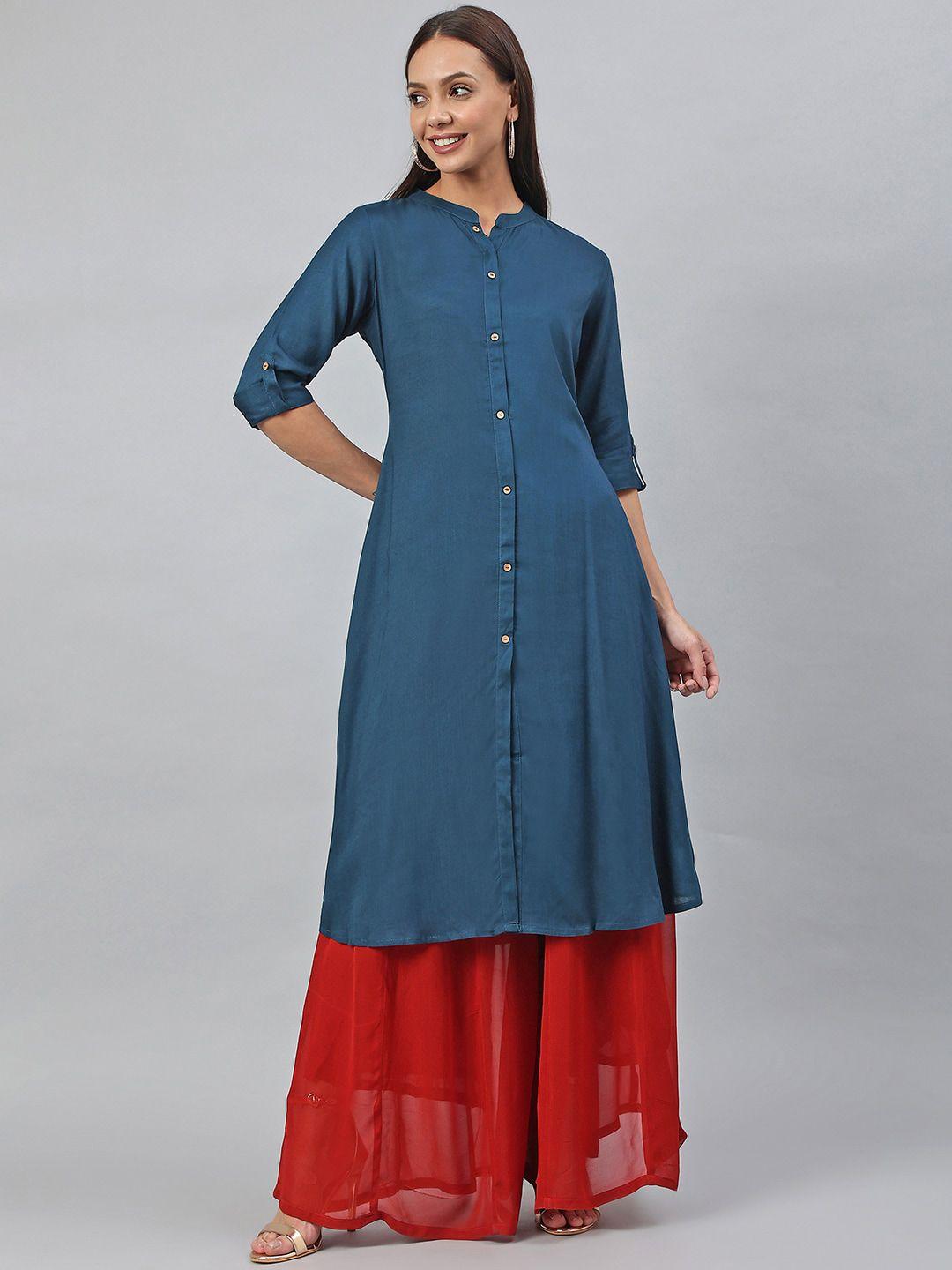 janasya women teal rayon slub solid shirt style kurta