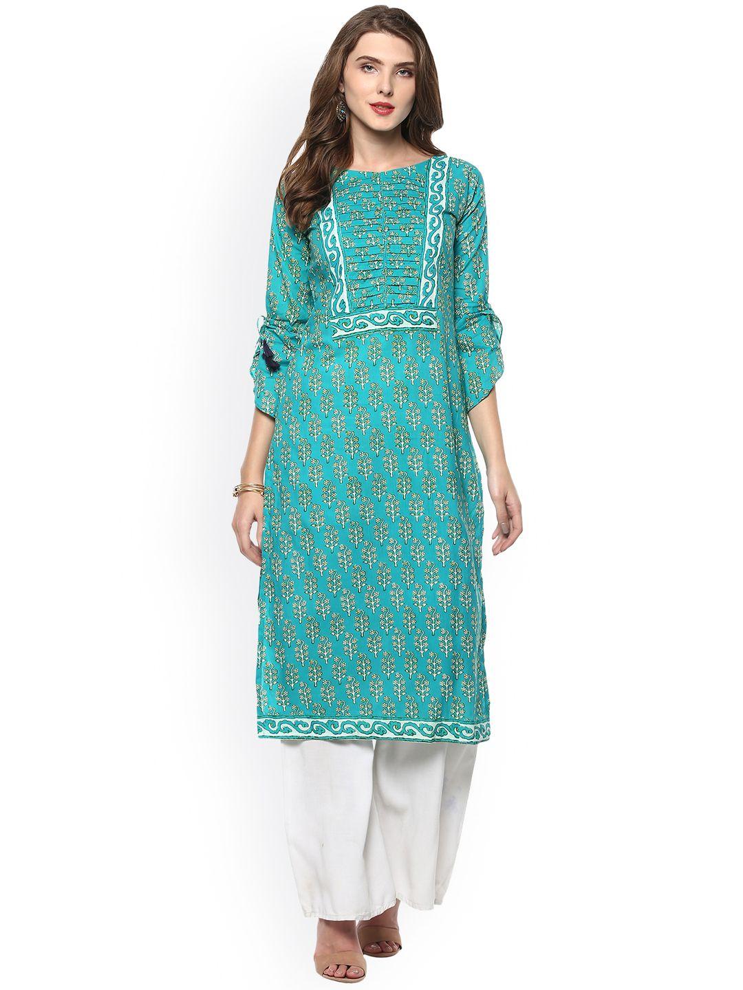 janasya women turquoise blue printed straight kurta