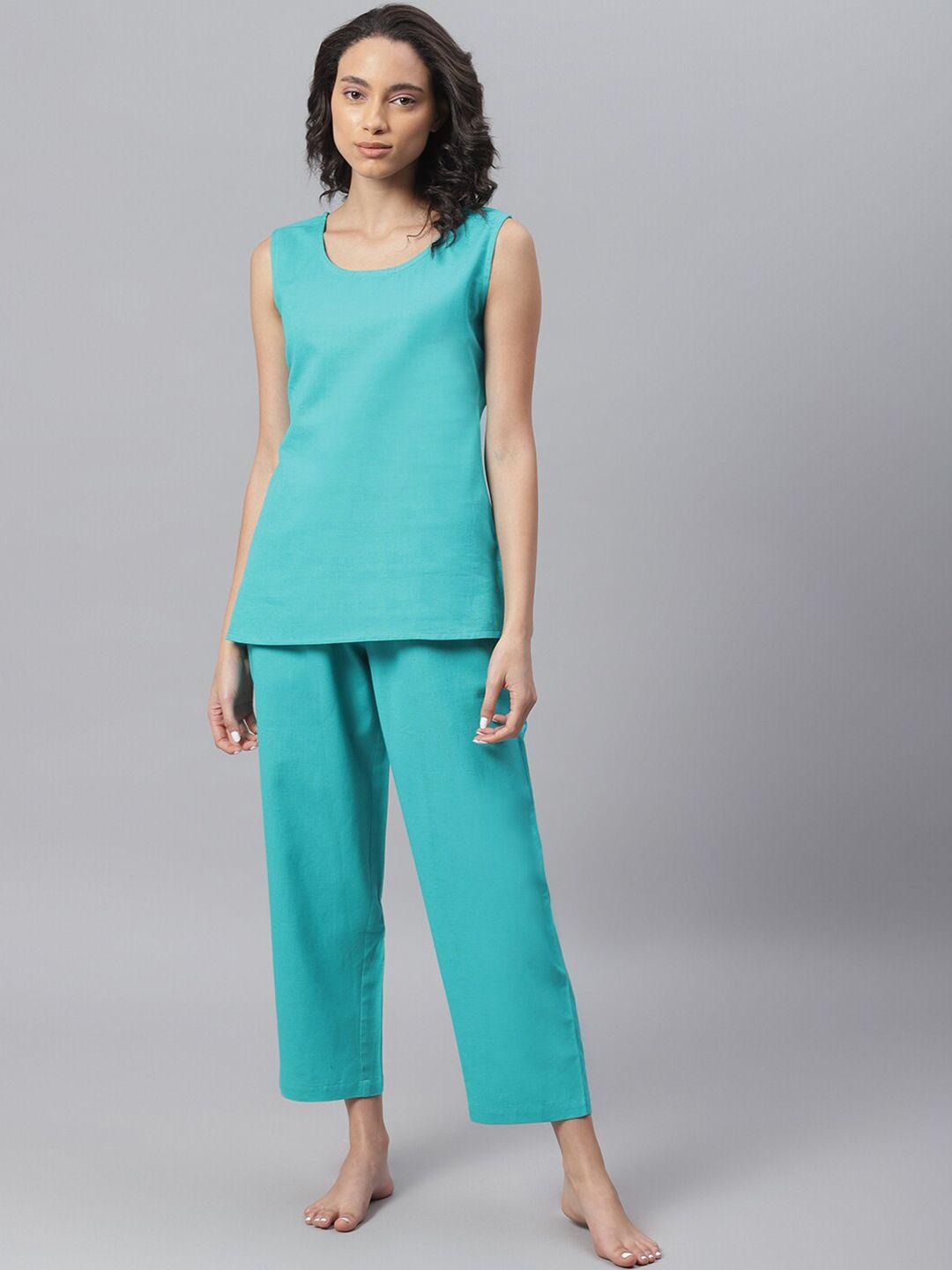 janasya women turquoise blue solid cotton flex top with pyjama