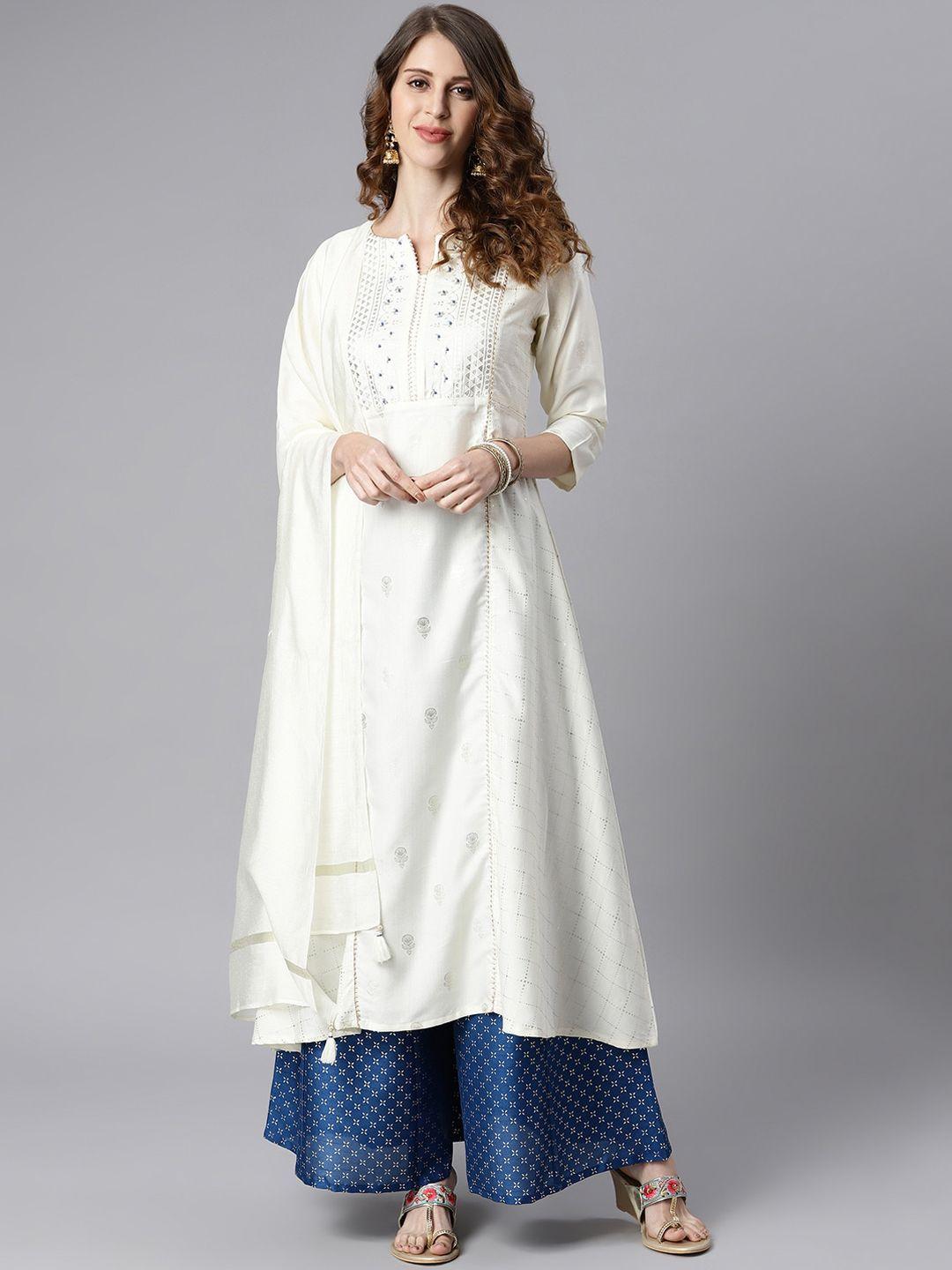 janasya women white & navy blue printed kurta with palazzos & dupatta
