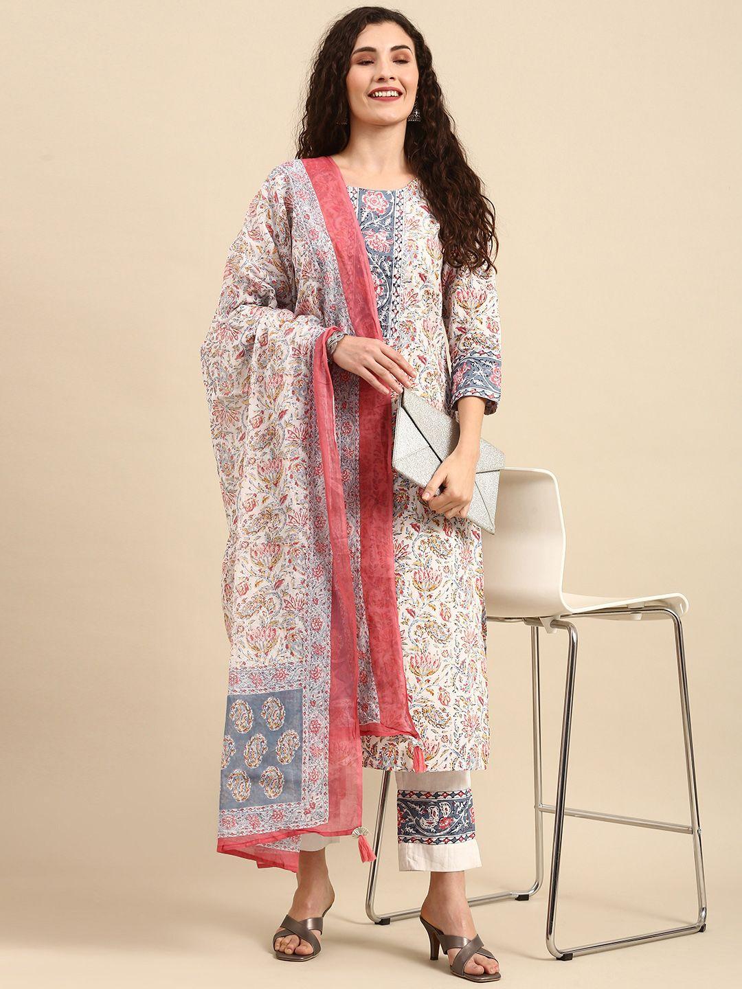 janasya women white & pink pure cotton ethnic motifs printed kurta set with dupatta