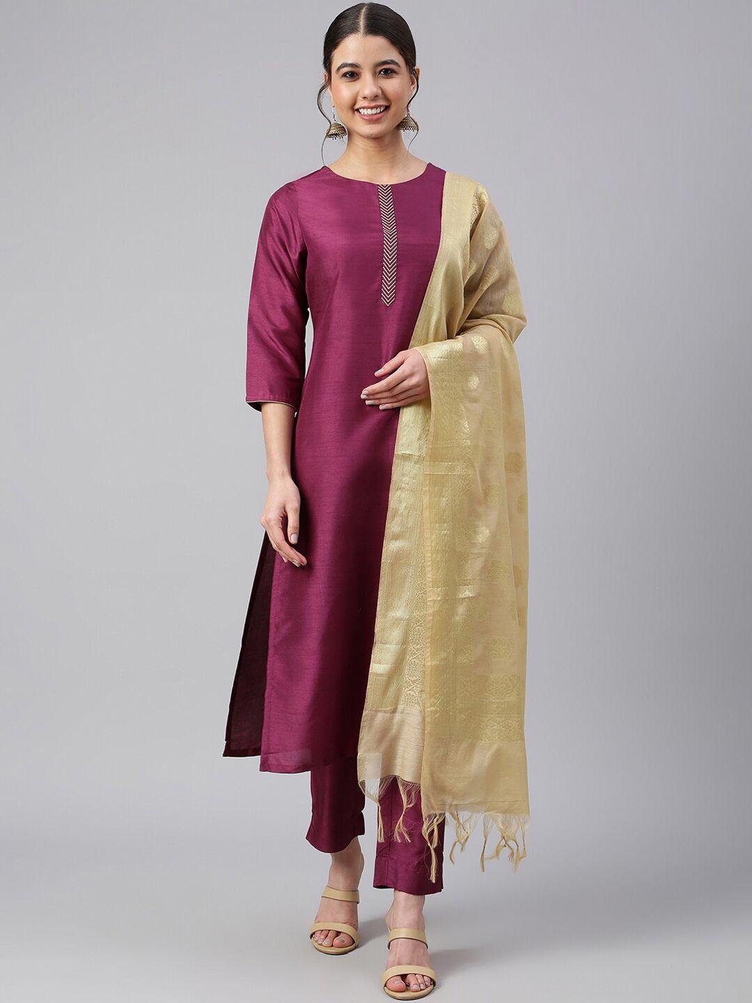 janasya women wine poly silk embellished kurta with trousers and dupatta