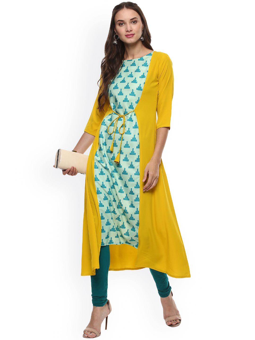 janasya women yellow & blue printed a-line kurta