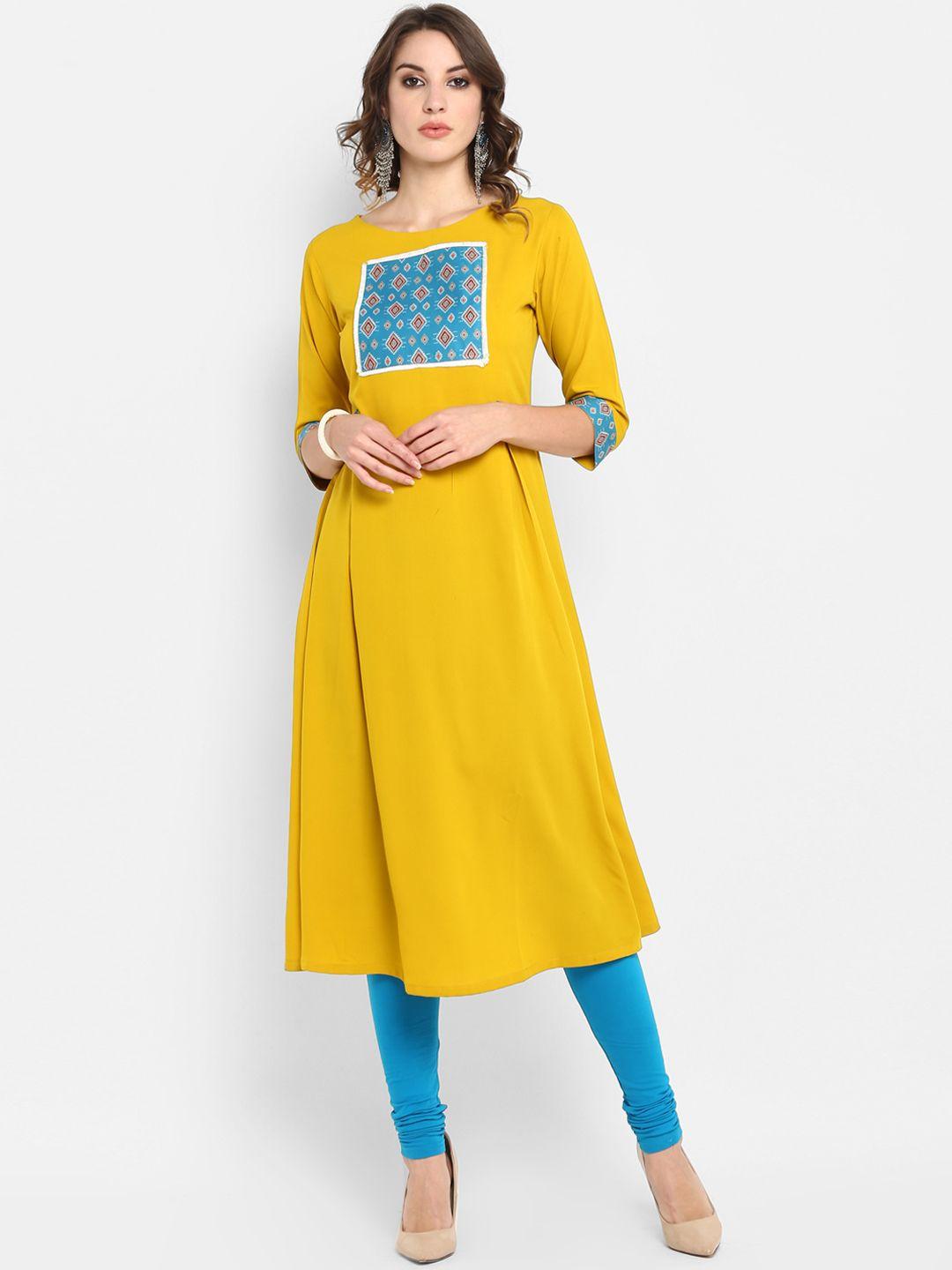 janasya women yellow & blue printed a-line kurta