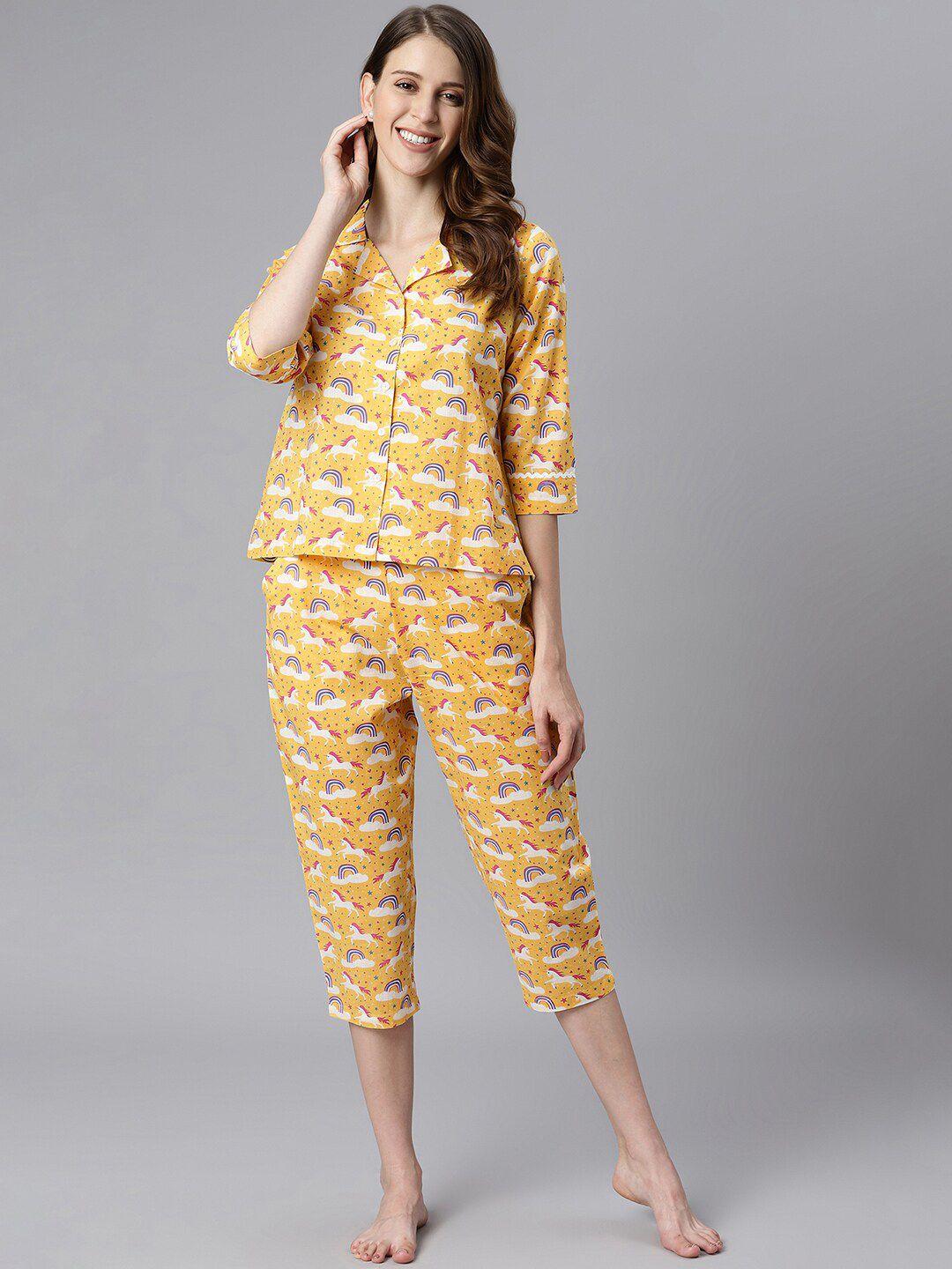 janasya women yellow & multicoloured printed pure cotton night suit