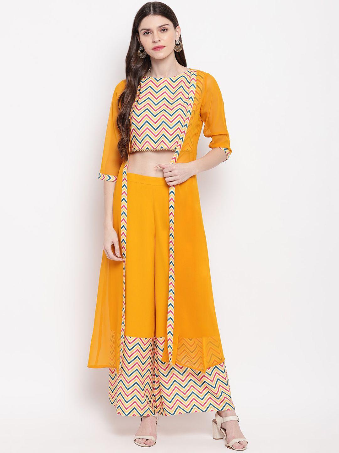 janasya women yellow & pink solid top with kurta & palazzos