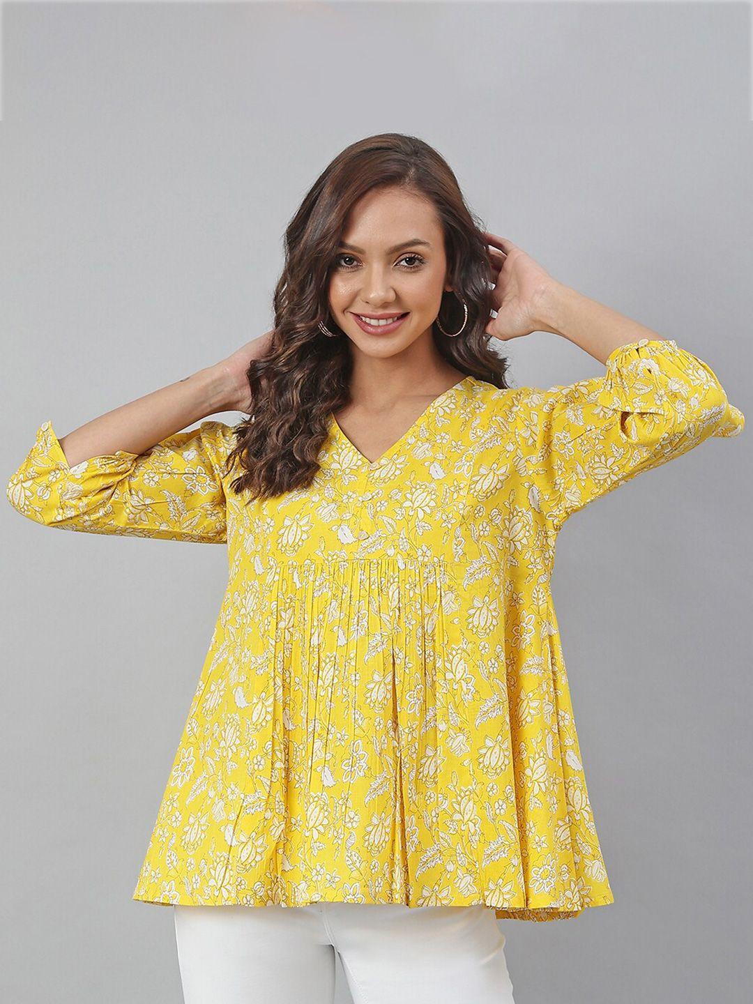 janasya women yellow & white print cotton top