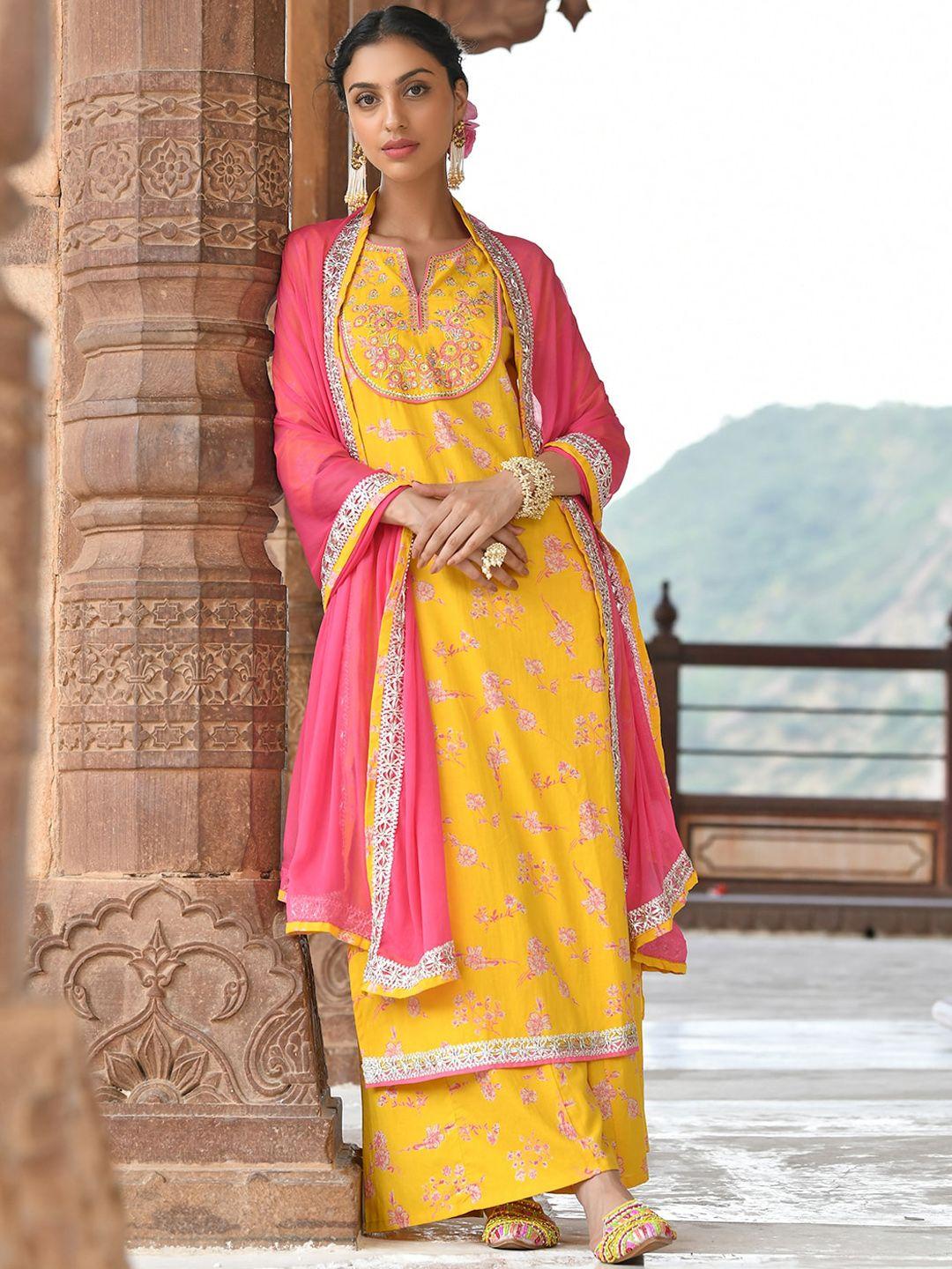 janasya women yellow cotton embroidered kurta with palazzo and dupatta