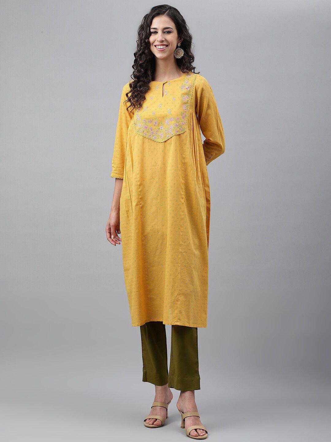 janasya yellow & pink keyhole neck floral embroidered dobby cotton kurta