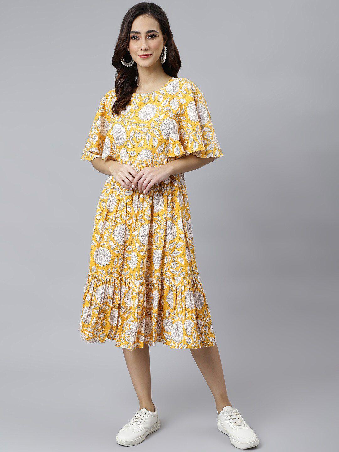 janasya yellow & white floral print cotton flared midi dress