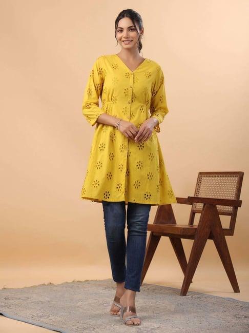 janasya yellow cotton embroidered tunic