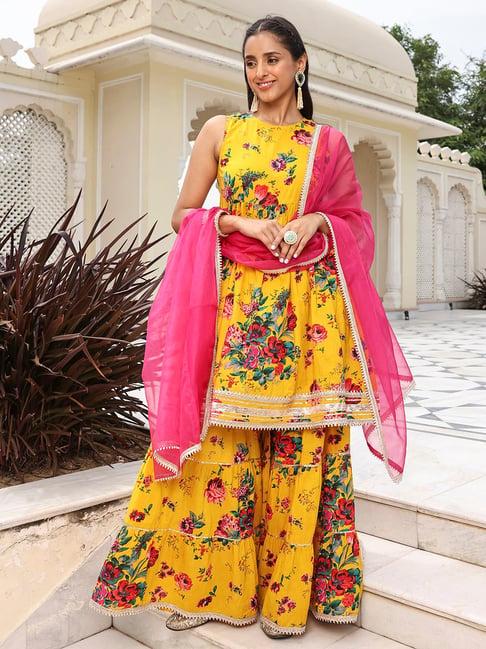 janasya yellow cotton floral kurta with sharara & dupatta