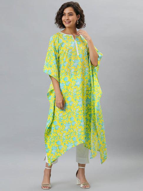 janasya yellow cotton floral print a line kaftan kurta